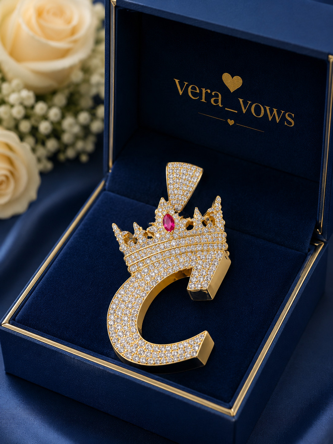Initial “C ” Letter Round Moissanite Lab-Created 14K Yellow Gold Plated Pendant
