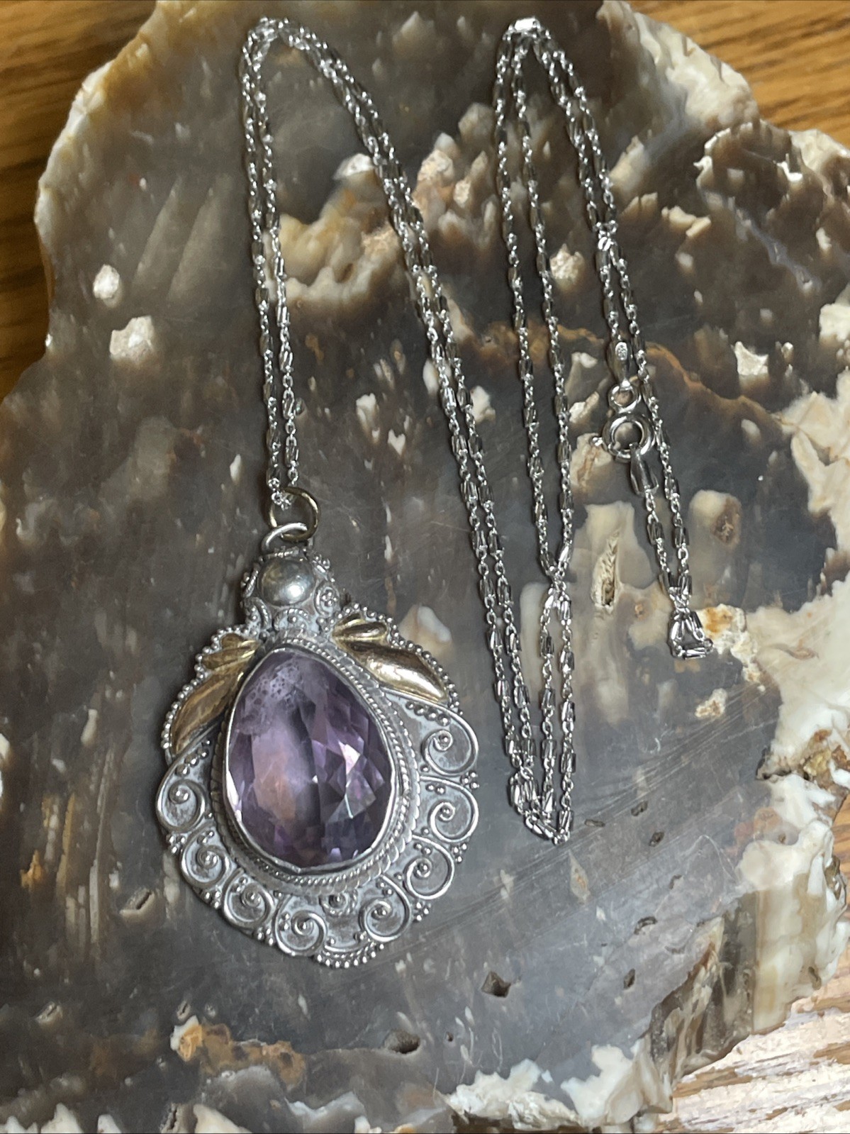 Faceted Amethyst And Sterling Silver Gold Accents Boho 23.5” Pendant Necklace