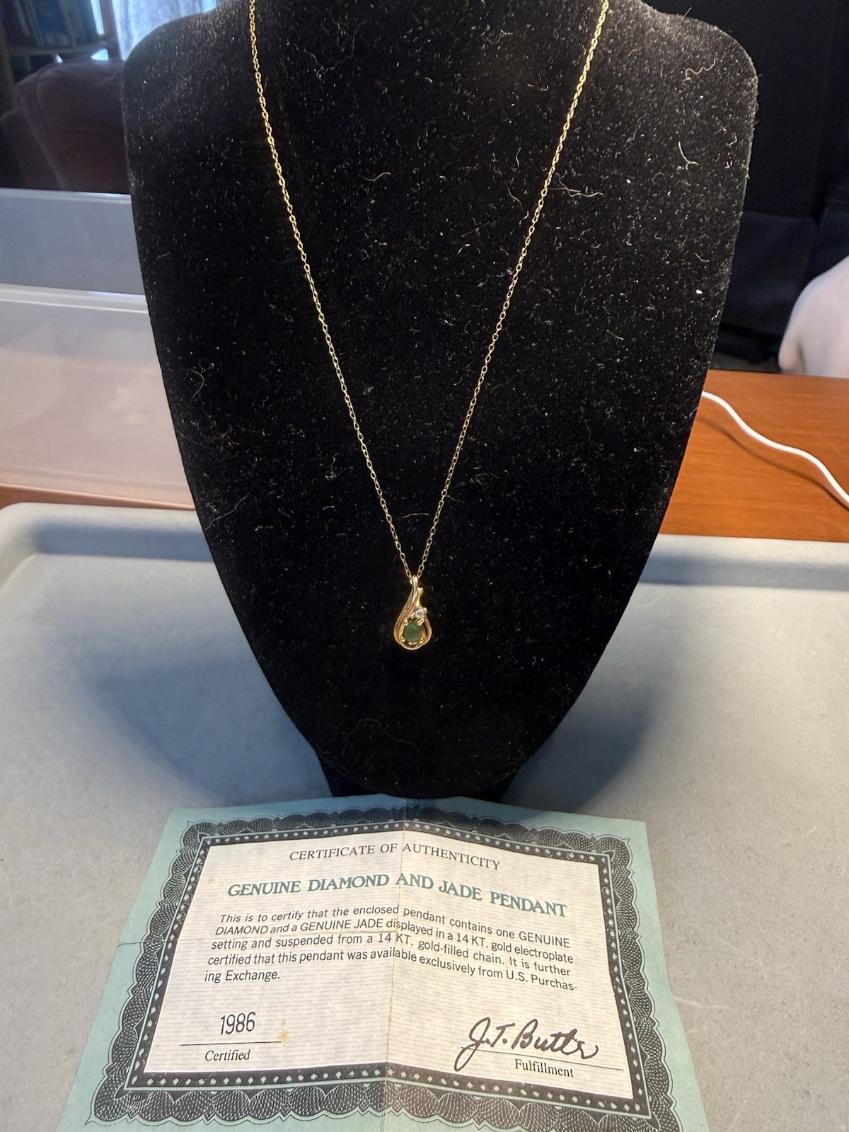 Jade and Diamond Teardrop Pendant Necklace 14k Yellow Gold-Filled Charm