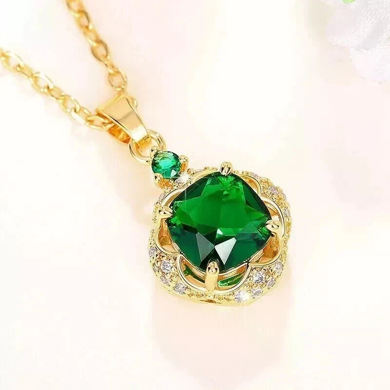 2CT Cushion Cut Lab-Created Green Emerald Diamond Pendant 14K Yellow Gold Plated