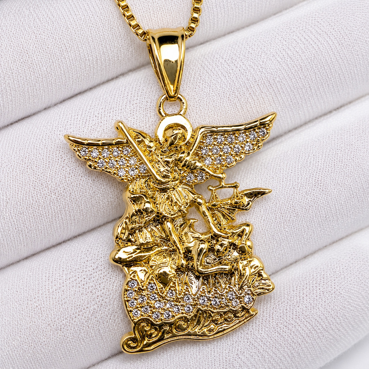 Italian 1/200 14k Yellow Gold Oro St Michael Iced CZ Pendant Necklace Cadena