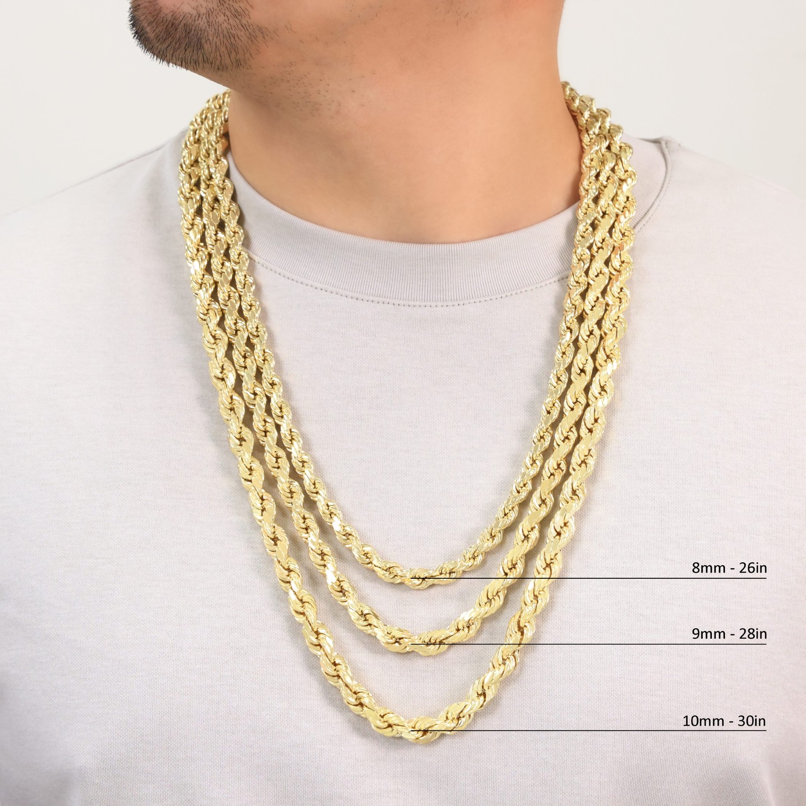 10K Yellow Gold 1mm-10mm Diamond Cut Solid Rope Chain Pendant Necklace 16″- 30″