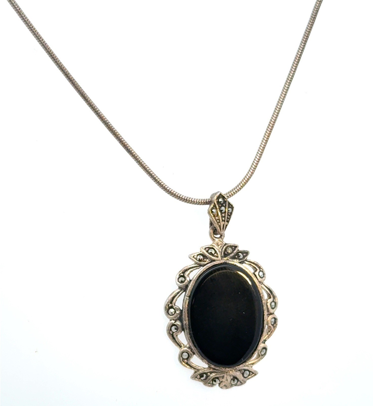 18” x 1.22mm .925 Sterling Silver Onyx & Marcasite Pendant Necklace 9.9g