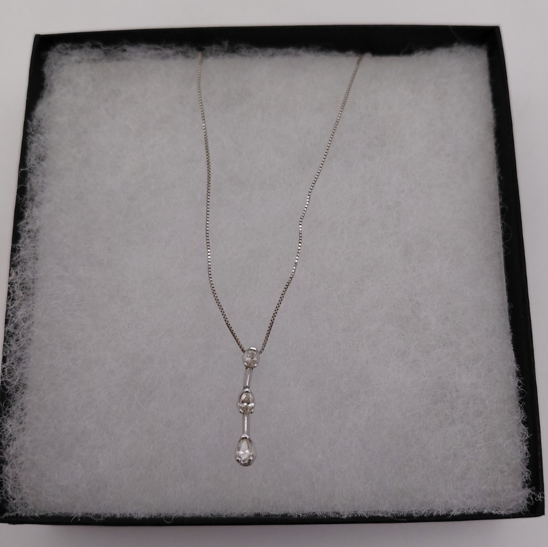 14K White Gold 3 Diamond Drop Necklace Pendant 585 Italian Gold Box Chain 24mm