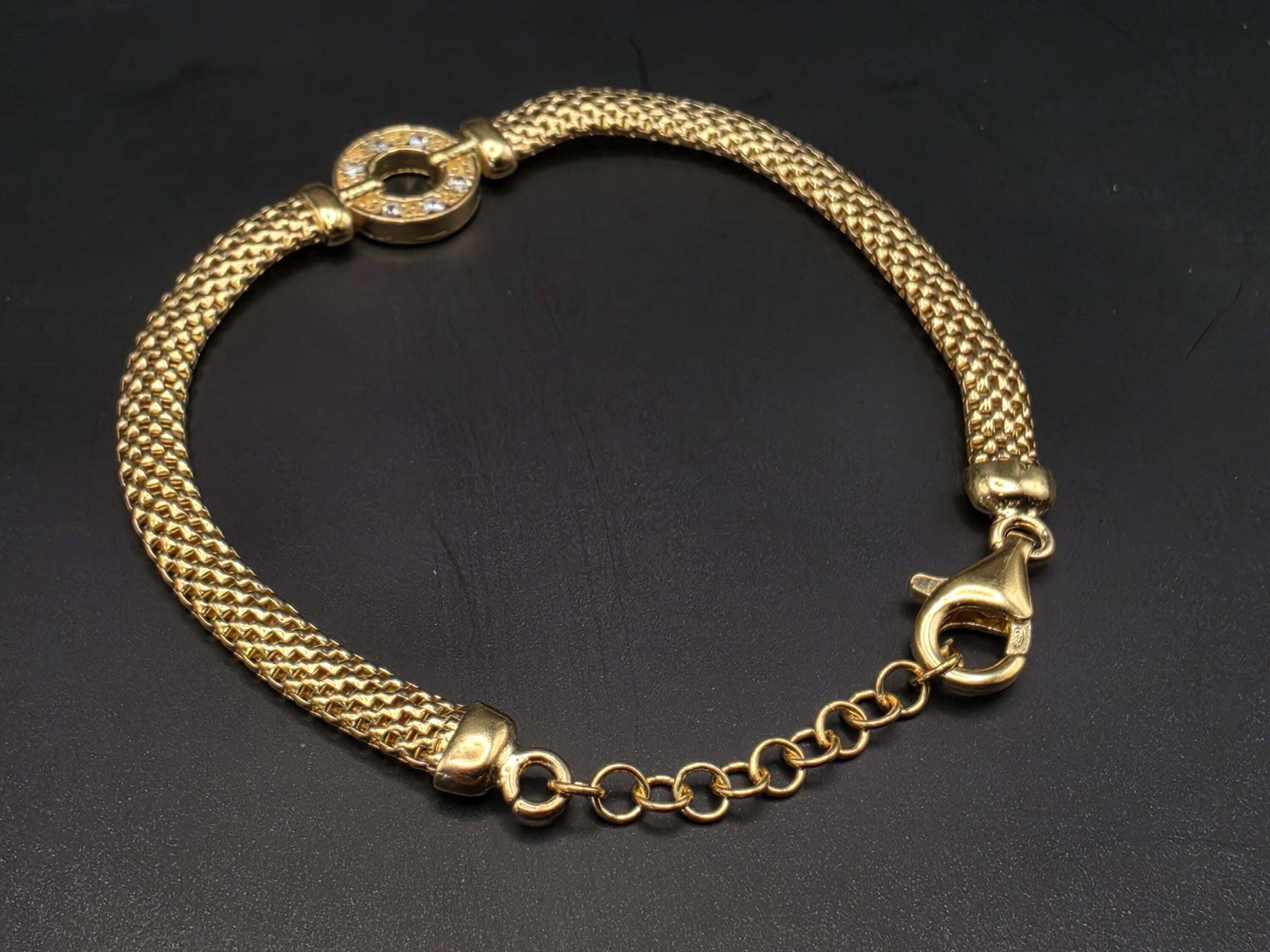 Gold Plated Sterling Silver Mesh Bracelet with CZ Circle Centerpiece 8 Inch