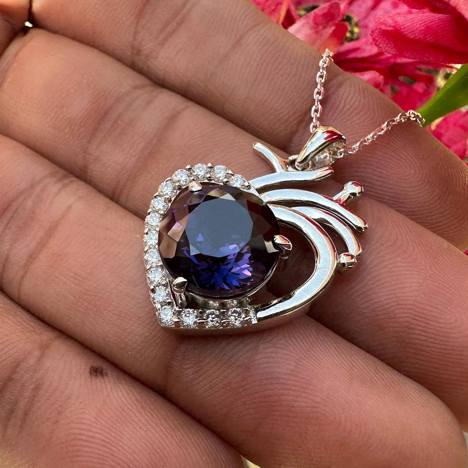 Certified Purple Sapphire 29 Ct Heart Pendant Necklace 925 Sterling Silver