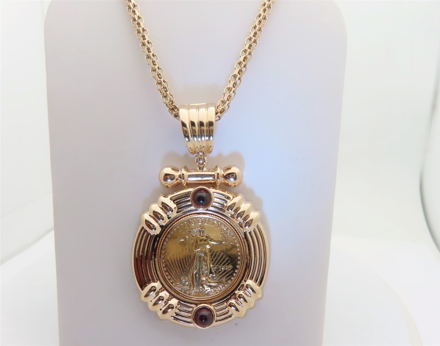 1997 Gold Eagle Coin Bullion Necklace $10 1/4 oz 14k Red Garnet Pendant 23″ N446