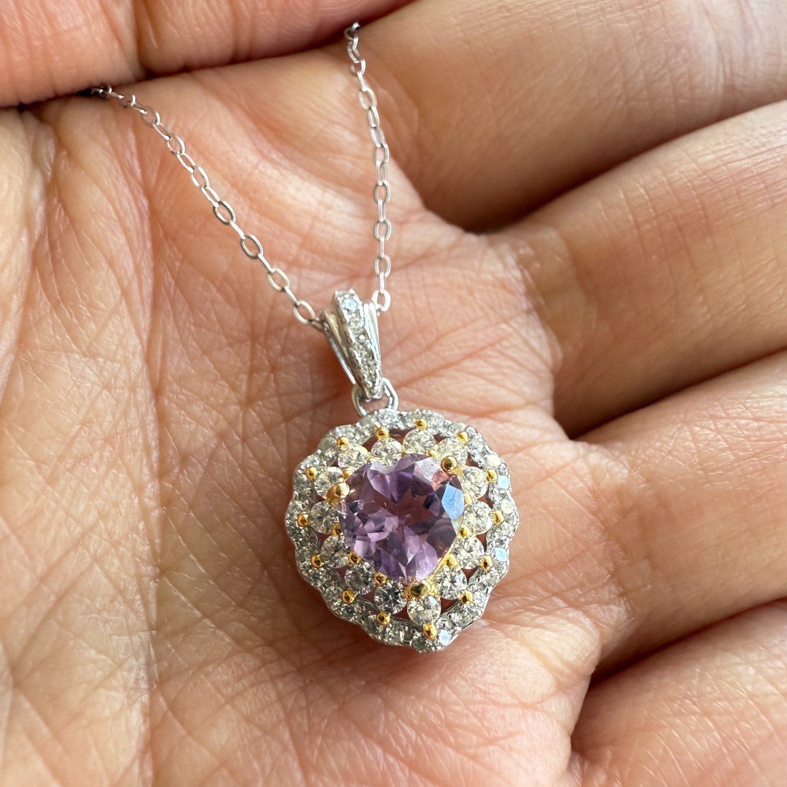 925 Sterling Silver Necklace 5mm Heart Natural Amethyst Gemstone Zircon Chain