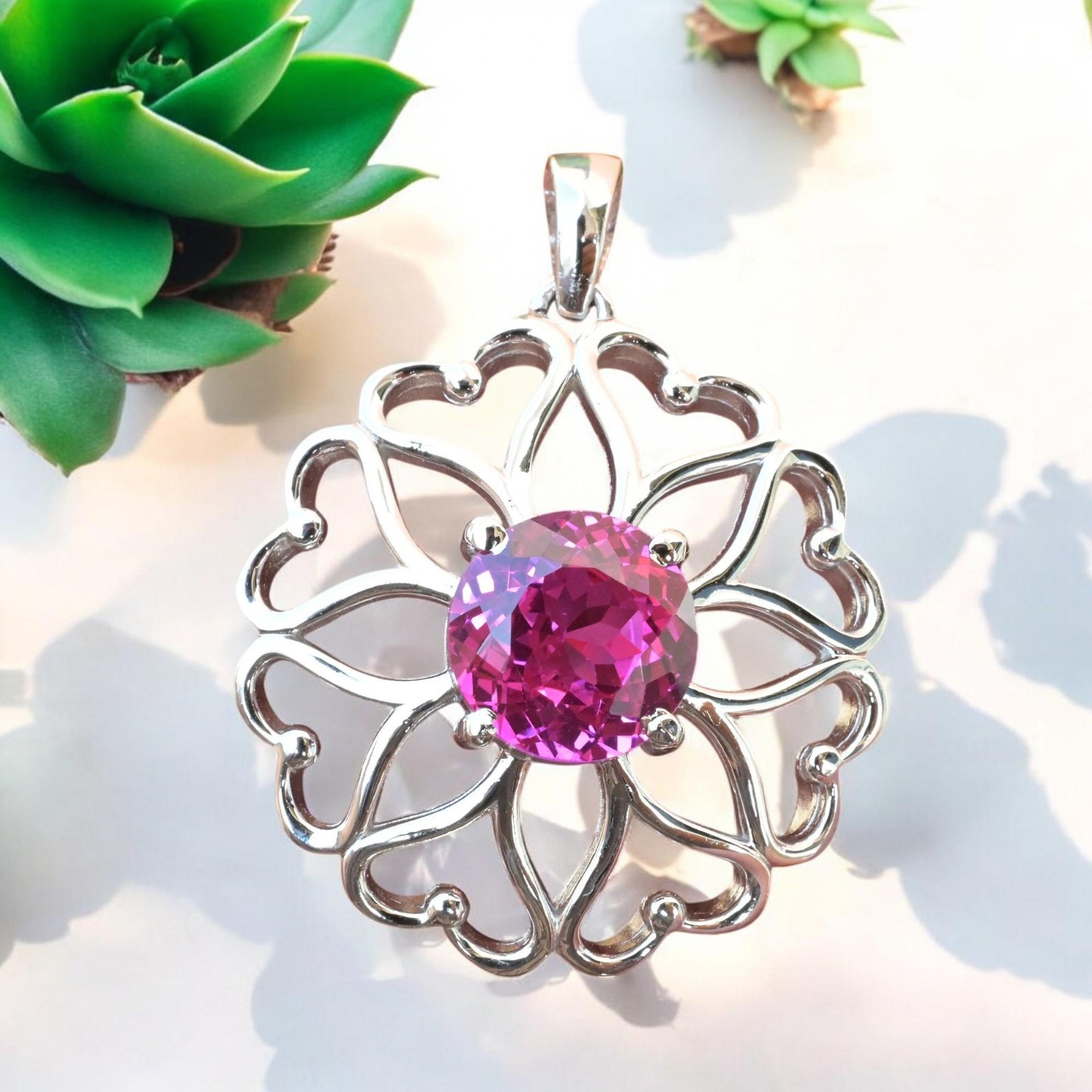 Certified Pink Sapphire 32 Ct Flower Shape Pendant 925 Sterling Silver MG002