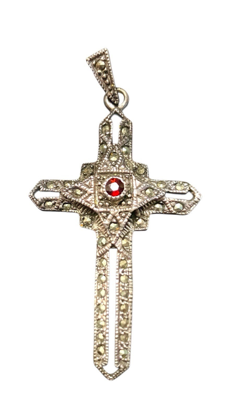 VTG Thai 925 Sterling Silver Red Stone MARCASITE Cross Pendant Gothic Art Deco