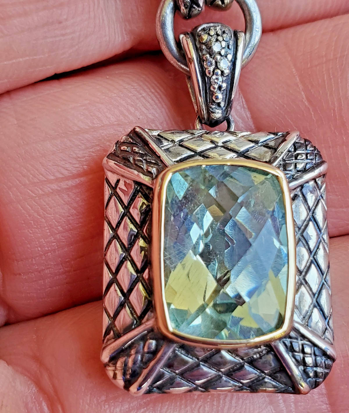 ORIGINAL Vahan Prasiolite 925 STERLING SILVER 14K GOLD DIAMOND Necklace 18″ INCH