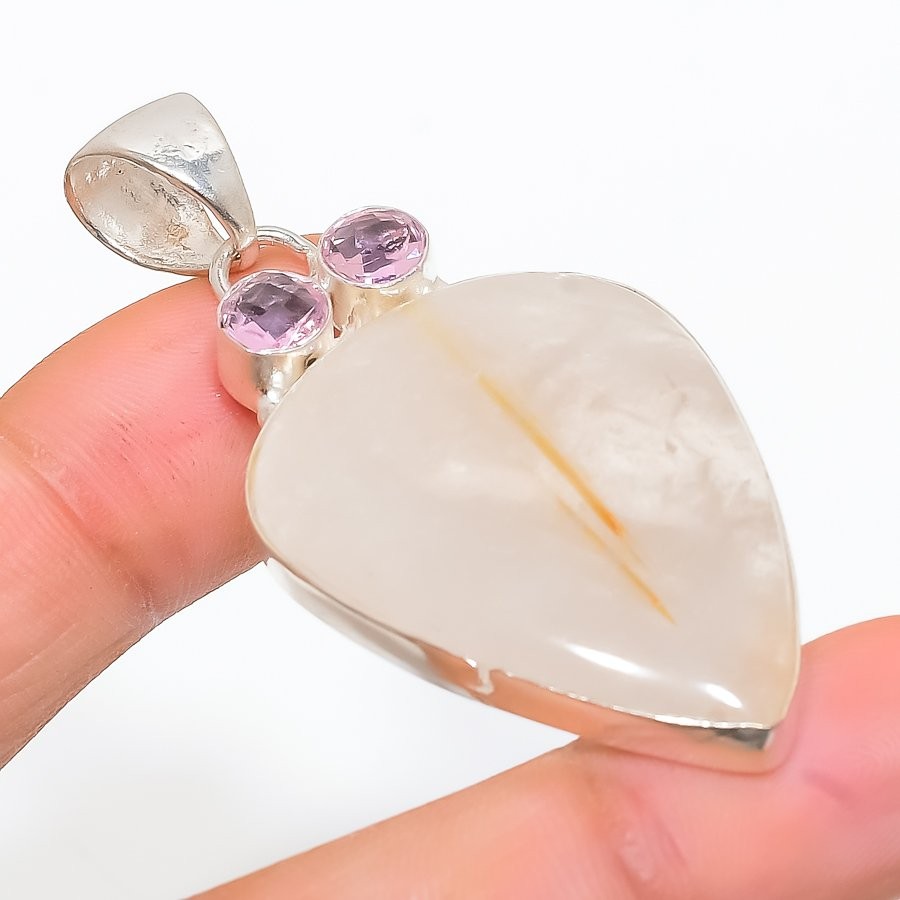 Golden Rutile, Kunzite Gemstone 925 Sterling Silver Jewelry Pendant 2.32″ K567