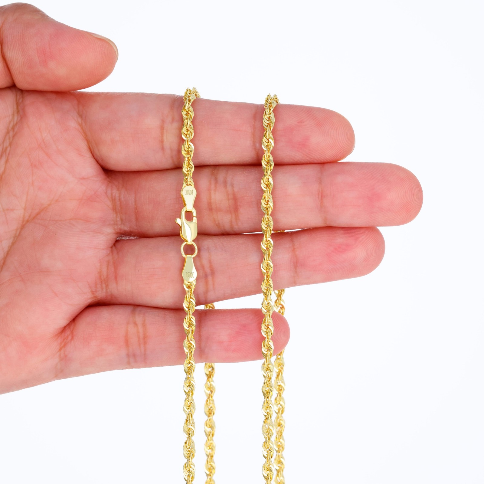 10K Yellow Gold 1mm-4mm Laser Diamond Cut Rope Chain Necklace Men Women 16″- 30″