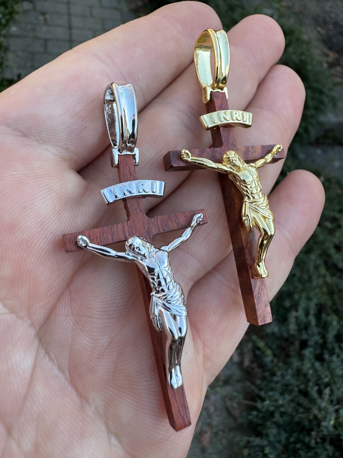 Mens Real 925 Silver & Red Cherry Walnut Wood Jesus On Cross Pendant Necklace 2″