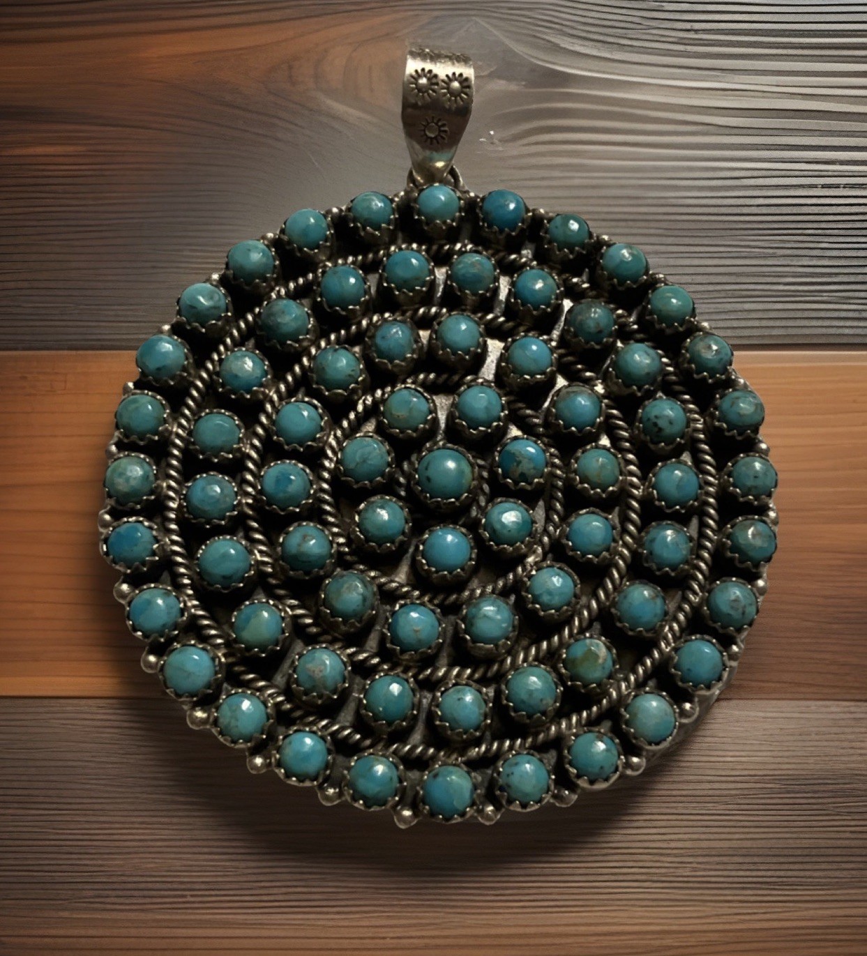 Kingman Turquoise Navajo Made Round Cluster Pendant 2.25″ 44g Sterling 925