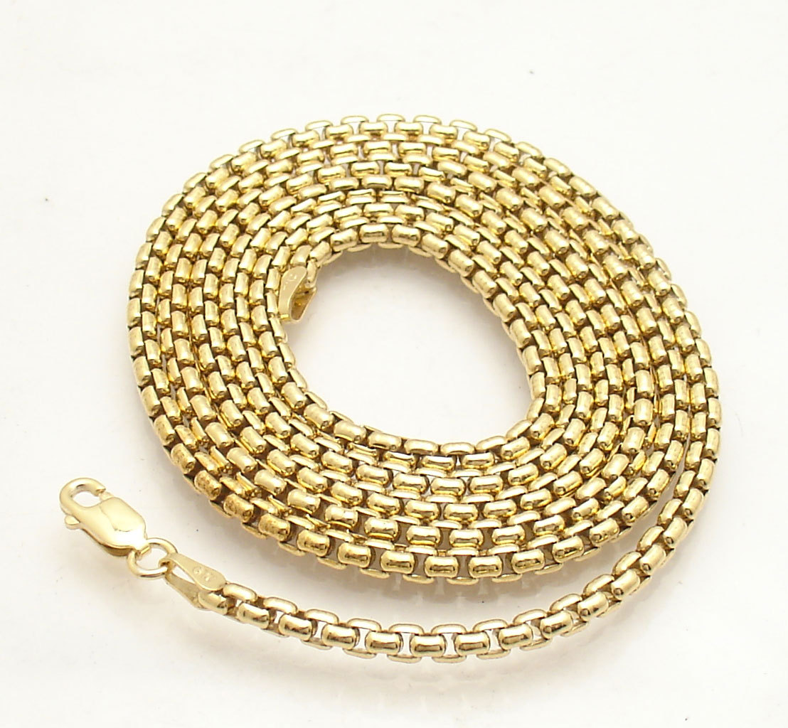 3mm Solid Round Box Chain Necklace 14K Yellow Gold Clad Sterling Silver 20″ 24″