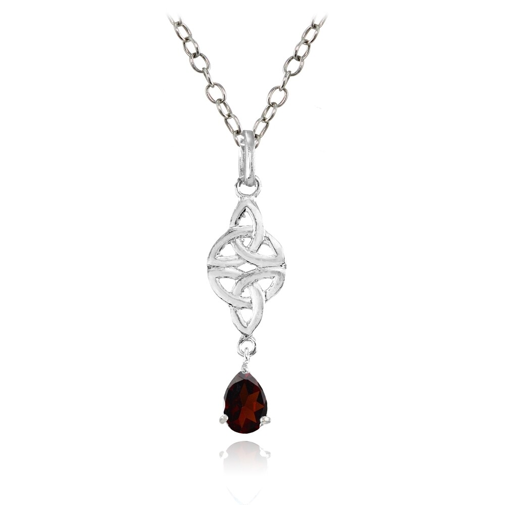 Celtic Trinity Knot Teardrop Garnet Necklace in Sterling Silver