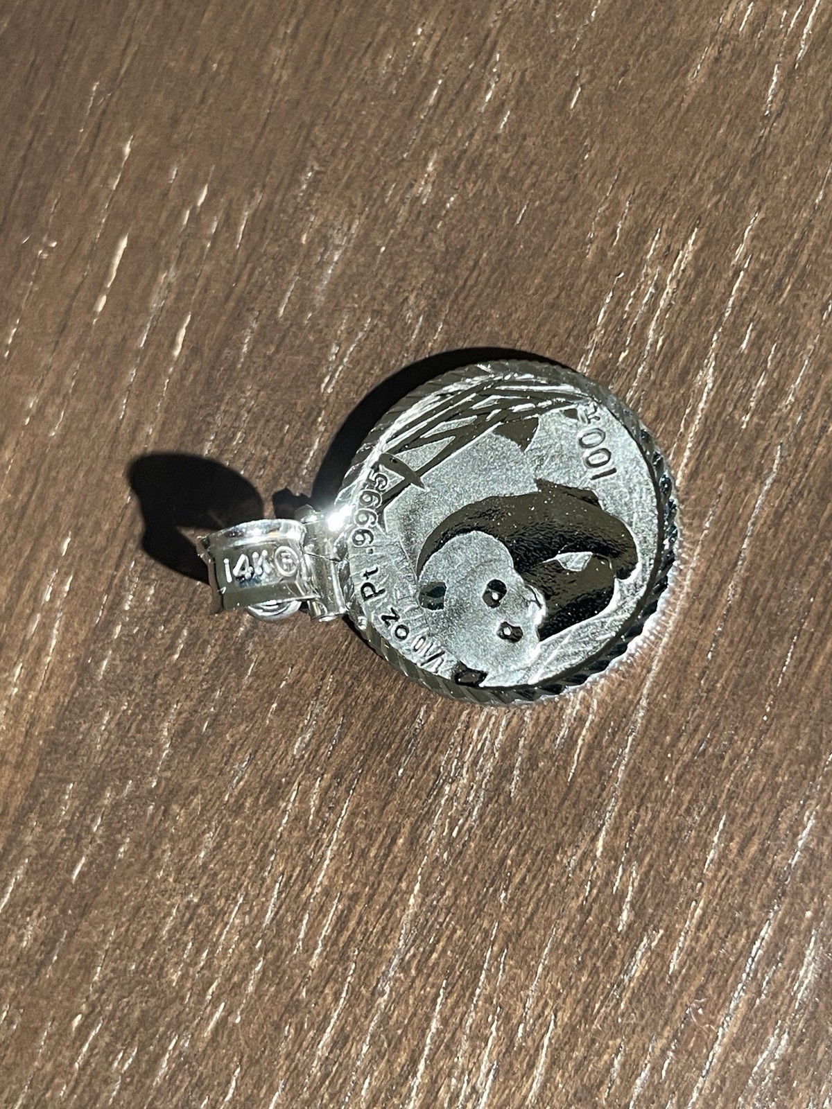14K Solid White Gold Bezel Amulet with 1/10 Oz. Chinese Platinum Bullion Coin!