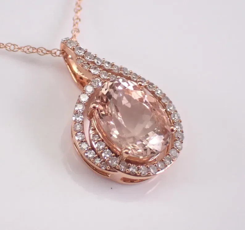 2.10Ct Oval Cut Lab-Created Morganite Teardrop Halo Pendant 14K Rose Gold Plated