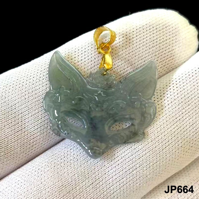 Natural Green Jade Jadeite Carved ‘FOX MASK’ Pendants Charms, Free Necklace