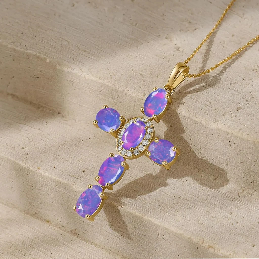Lavender Opal Gemstone Gold Cross Pendant, AAA Opal Gold Chain Pendant Necklace