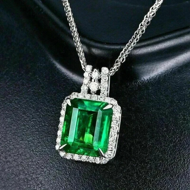 Emerald Cut LabCreated Green Emerald Womens Pendant withChain 14KWhite Gold Over