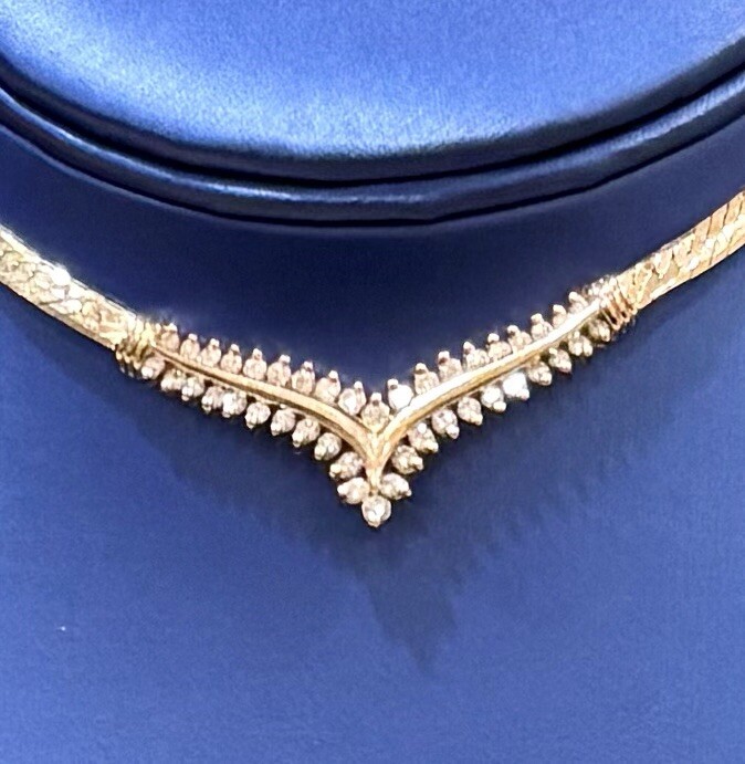 14K 2.00 CTW SOLID YELLOW GOLD HERRINGBONE NECKLACE DIAMOND 16” Long