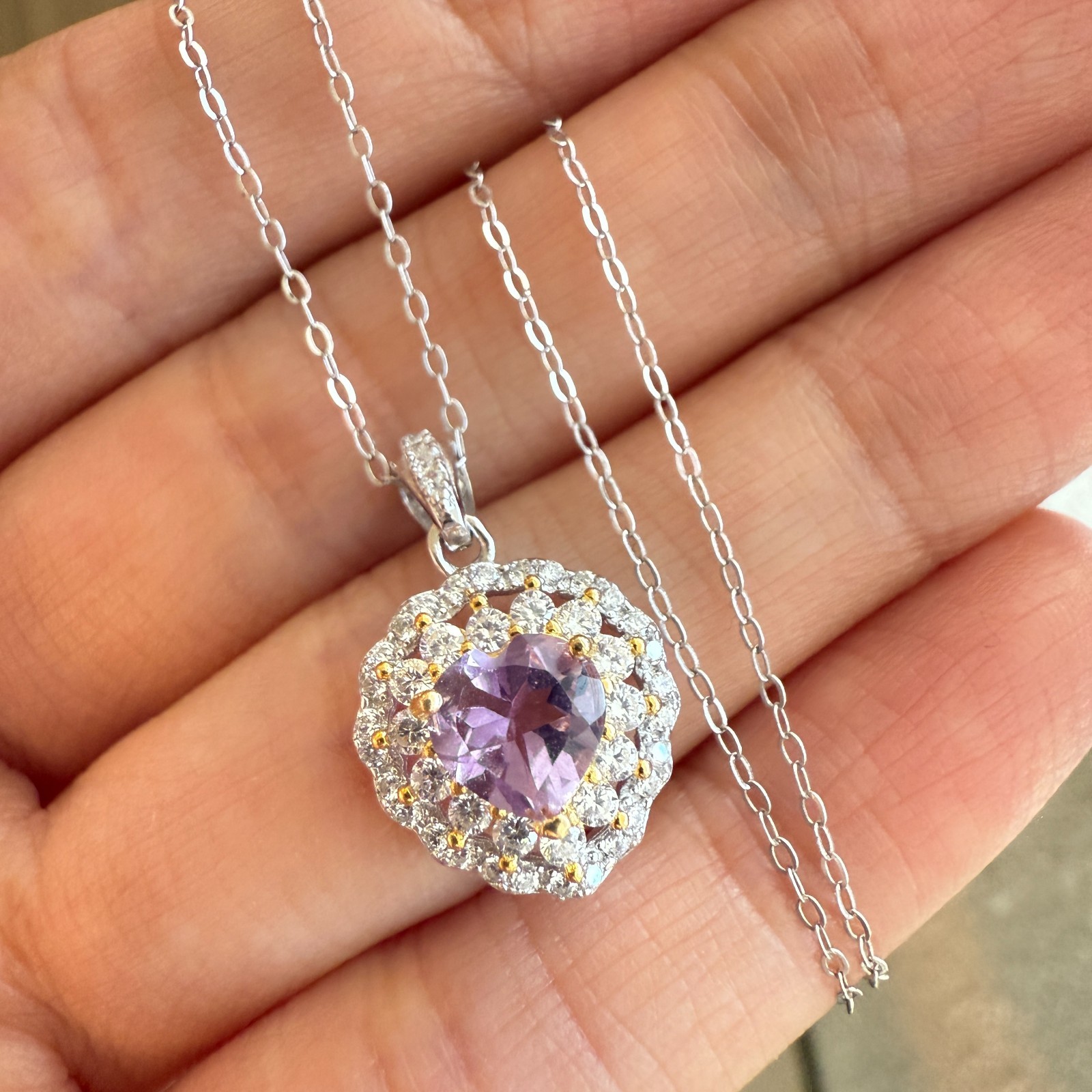 925 Sterling Silver Necklace 5mm Heart Natural Amethyst Gemstone Zircon Chain