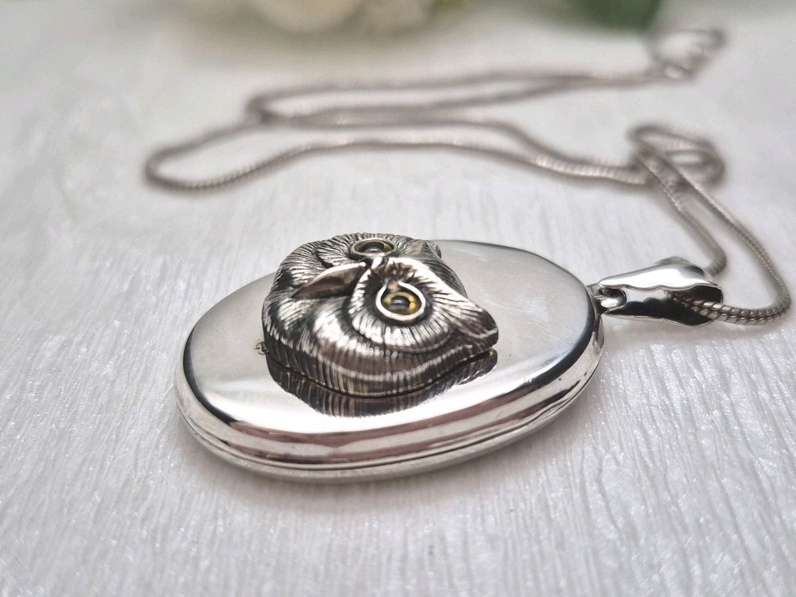 LOCKET – Sterling Silver Oval Photo Locket. Owl Design. Pendant and Chain.