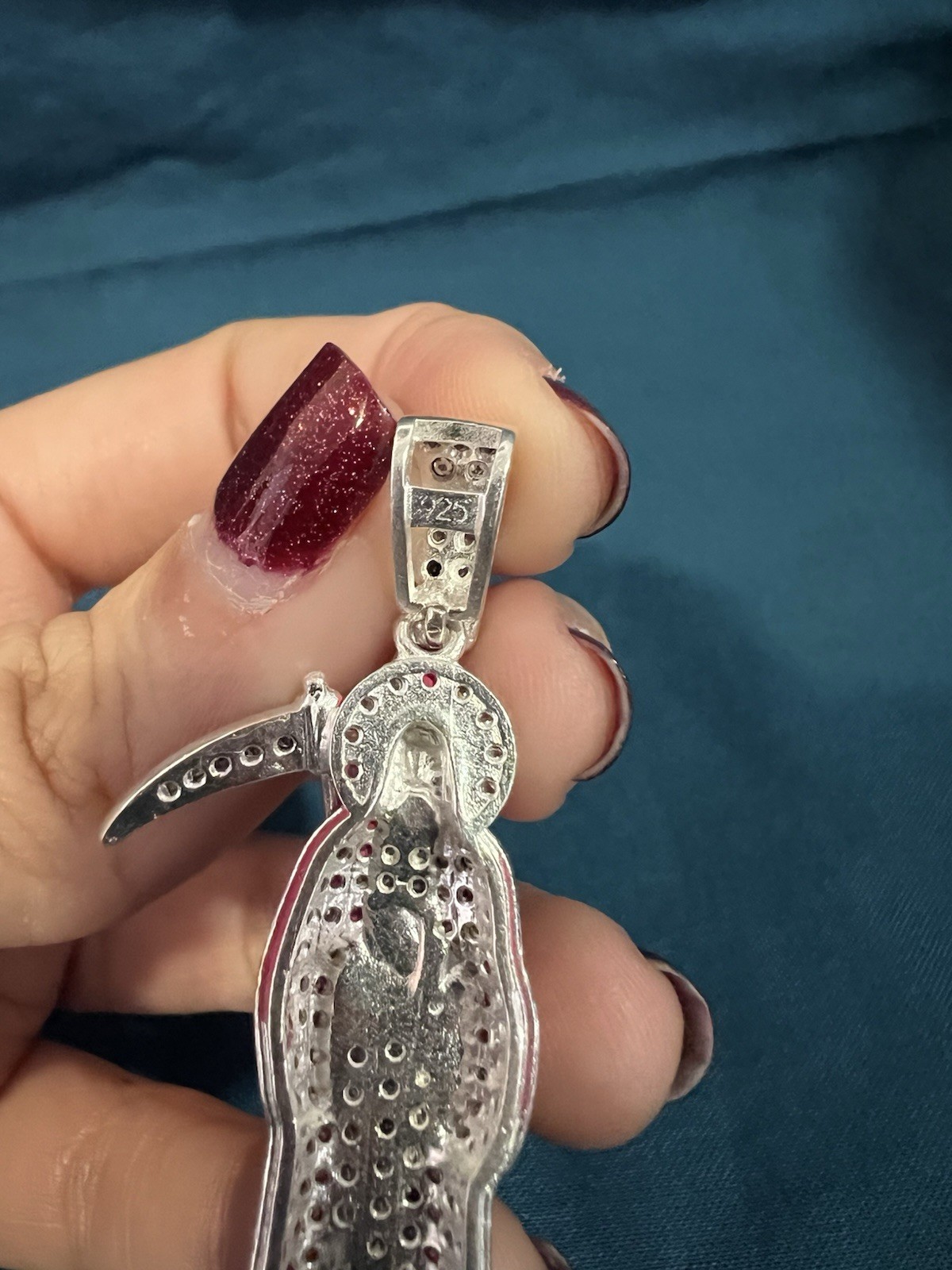 925 Sterling Silver Men Women Pink & Black Stones Santa Muerte Grim Reaper Medal