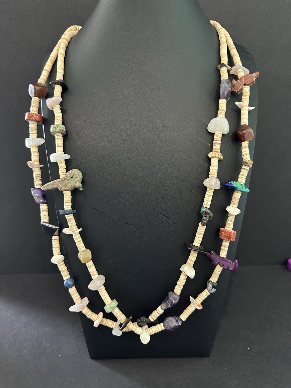 Natural Stone Fetish Style Necklace Carved Animals 2 Strand