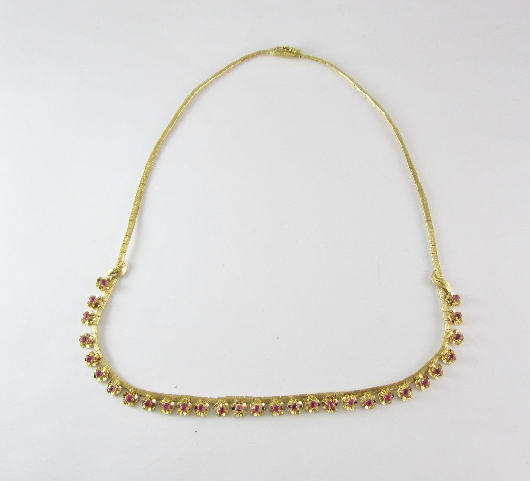 ESTATE 18K YELLOW GOLD PINK SAPPHIRE FLOWER NECKLACE 2.25TW , 22.8G