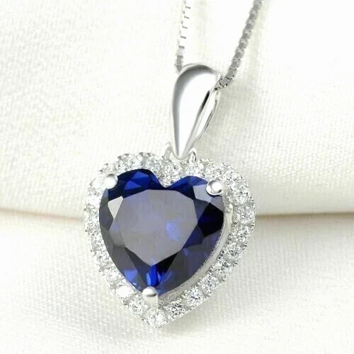 2CT Heart Cut Lab Created Blue Sapphire Diamond Halo Pendant 14K White Gold Pltd