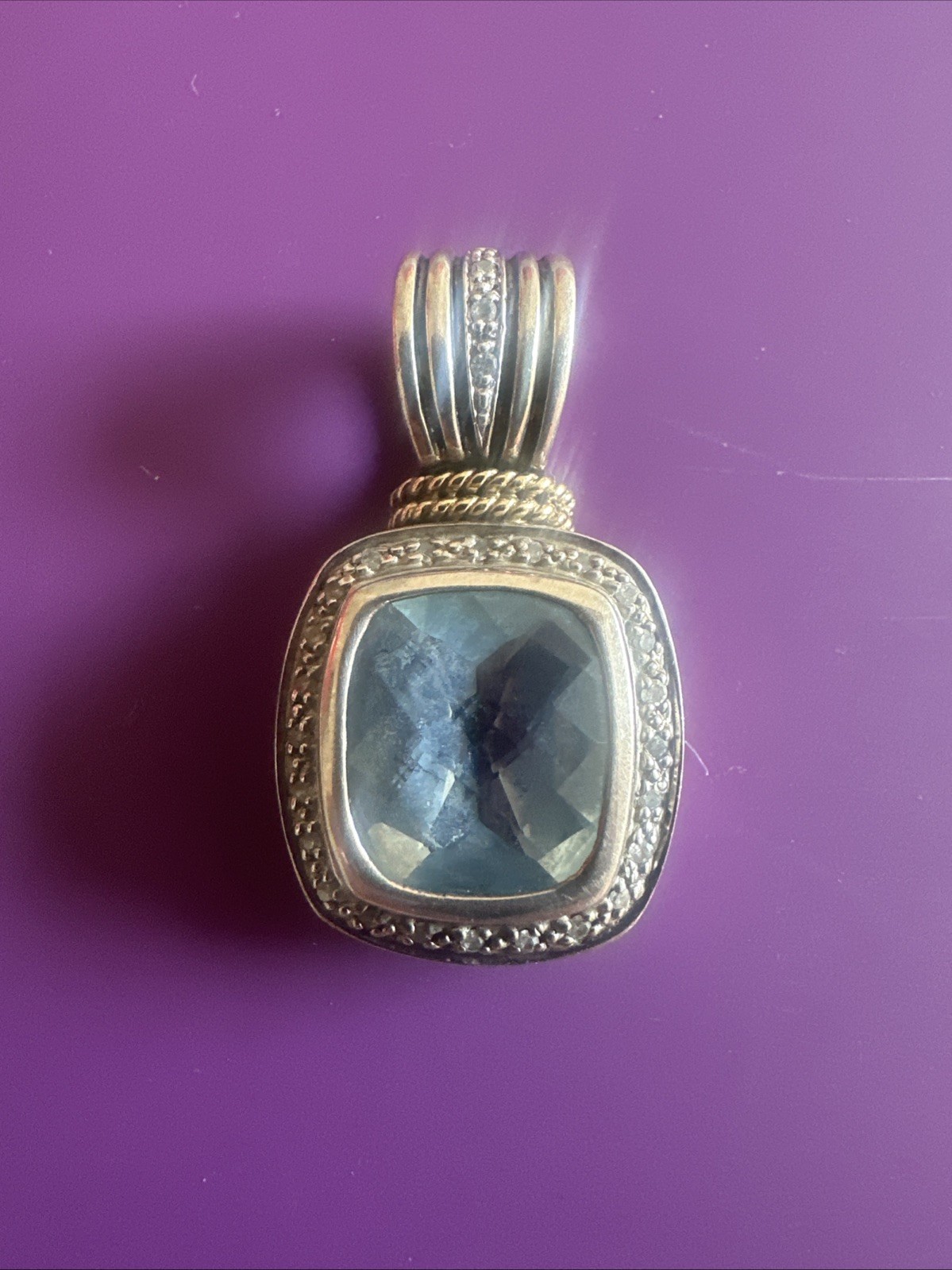 Sadye L Vassil SLV Sterling Silver 14K Gold Blue Topaz Diamond Halo Pendant