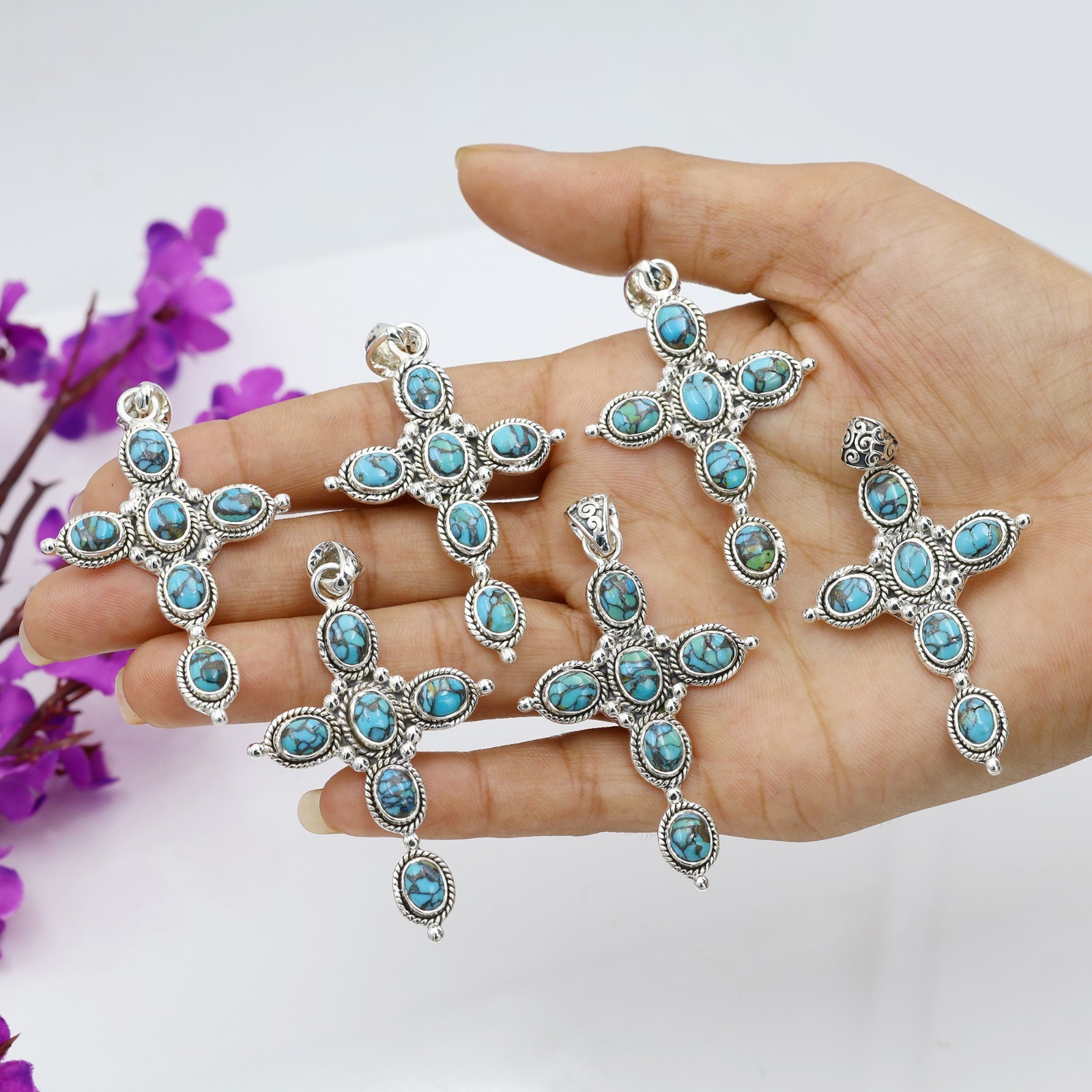 Turquoise Cross Necklace in 925 Sterling Silver with Chain