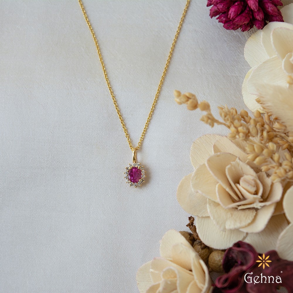 Natural Ruby Diamond Halo Pendant 14K Yellow Gold (without chain)
