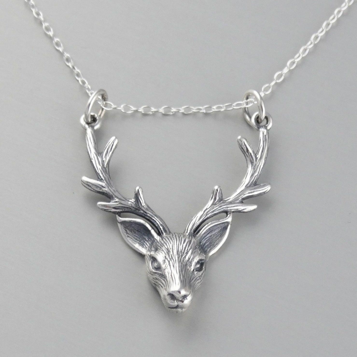 3D Stag Head Antler Necklace – 925 Sterling Silver – NEW Male Deer Elk Hunting