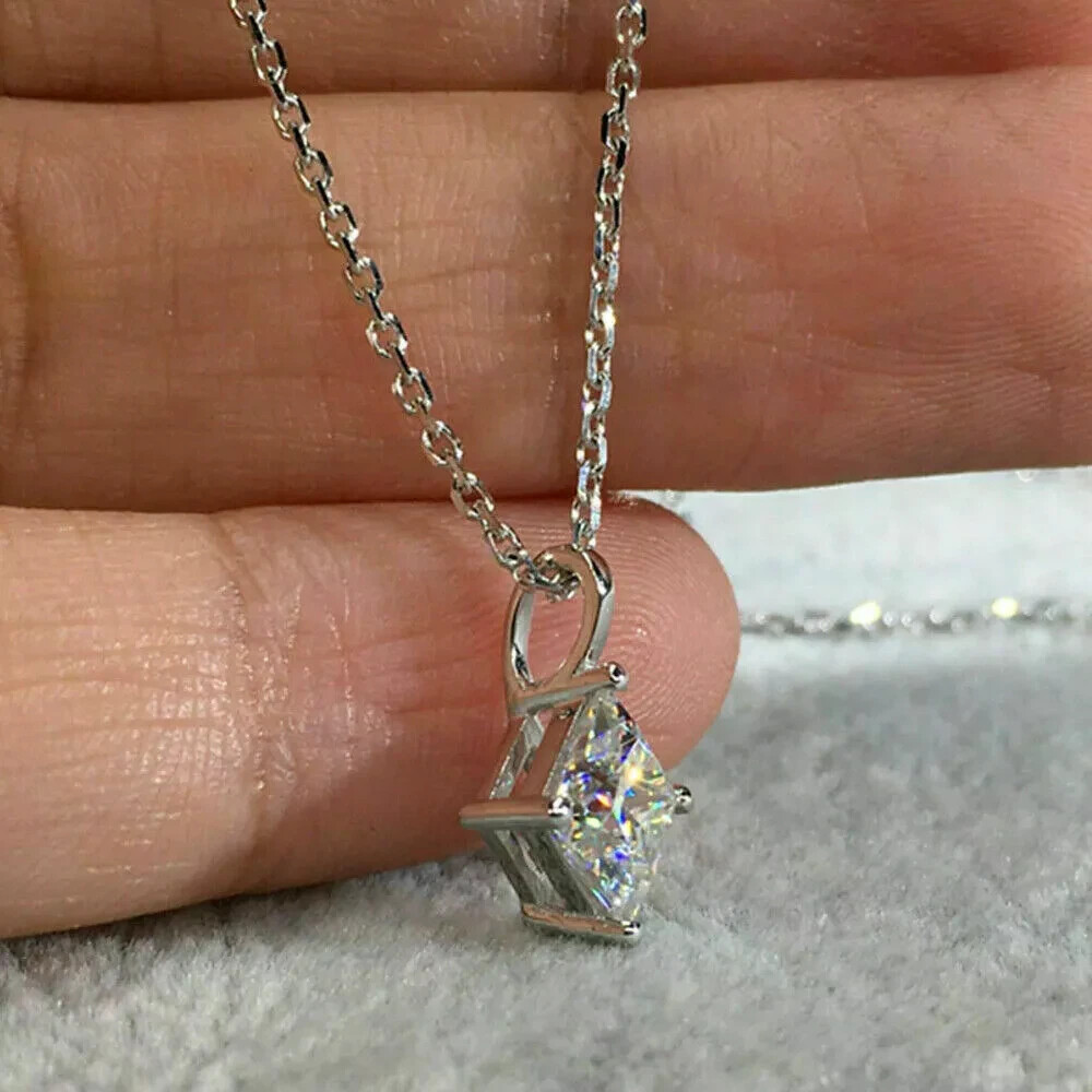 3.00 Ct Princess Cut Moissanite 4 Prong Solitaire Pendant 14K White Gold Plated
