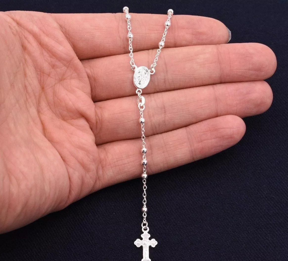 3mm Rosary Shiny Chain Necklace Real Sterling Silver 925 Italian ALL SIZES