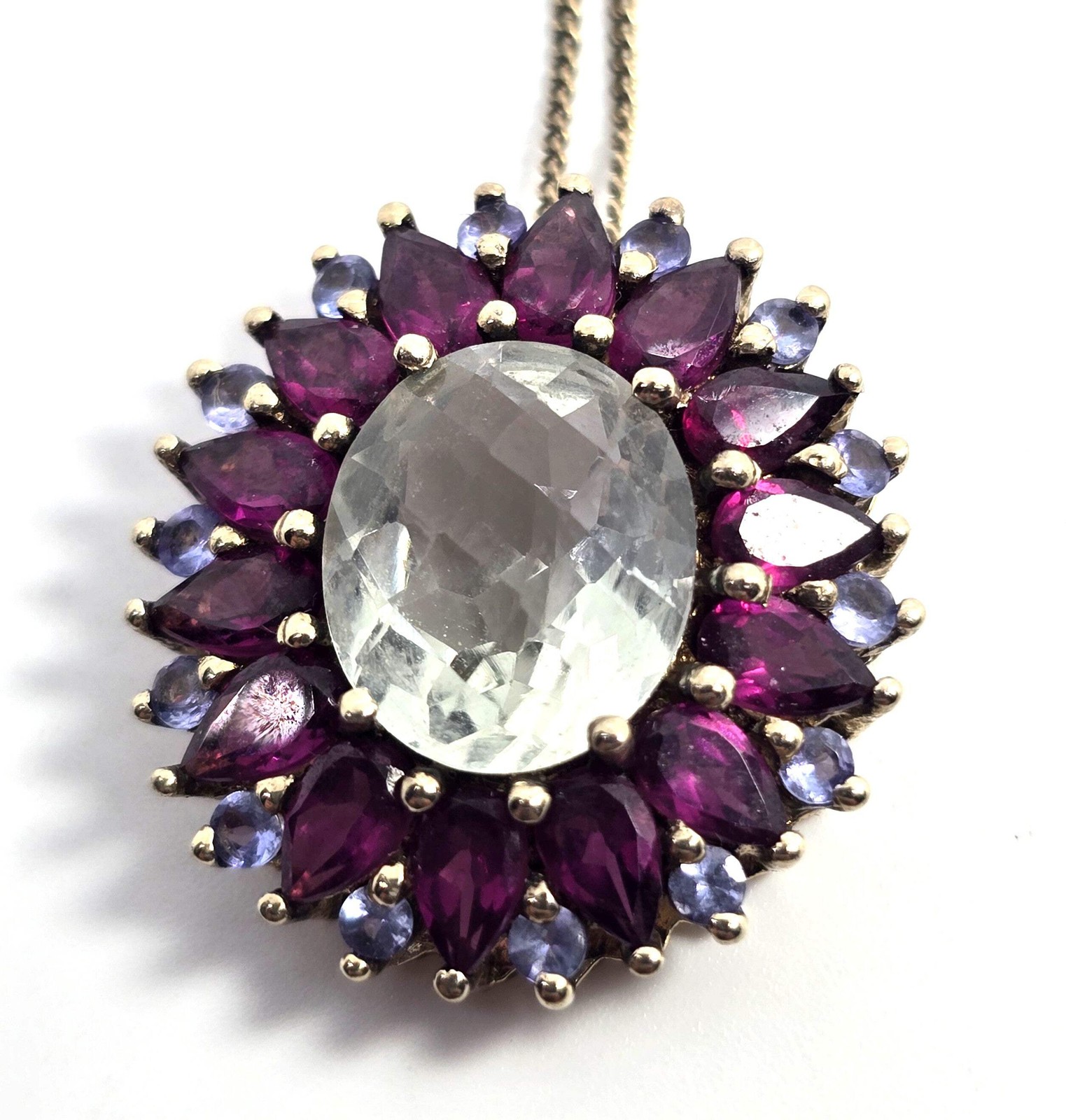 Prasiolite Green Amethyst Rhodolite Garnet tanzanite sterling silver necklace