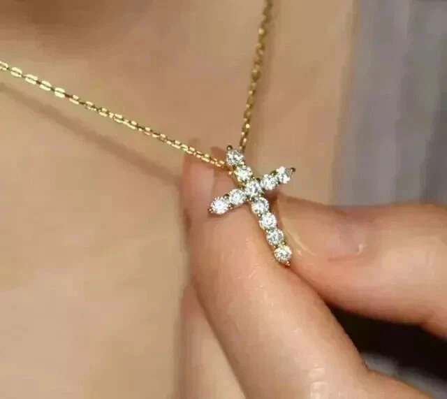 2Ct Round-Cut Moissanite Cross Pendant 14K Yellow Gold Plated 18″ Chain Free