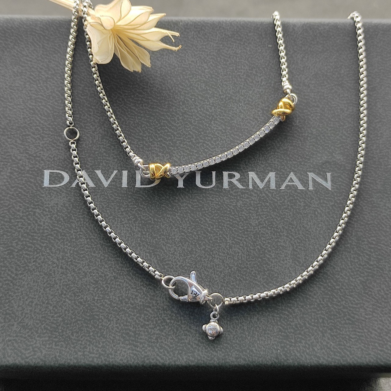 David Yurman Two Tone Crossover Bar Pendant 925 Silver 18K Gold Pave Diamond 55