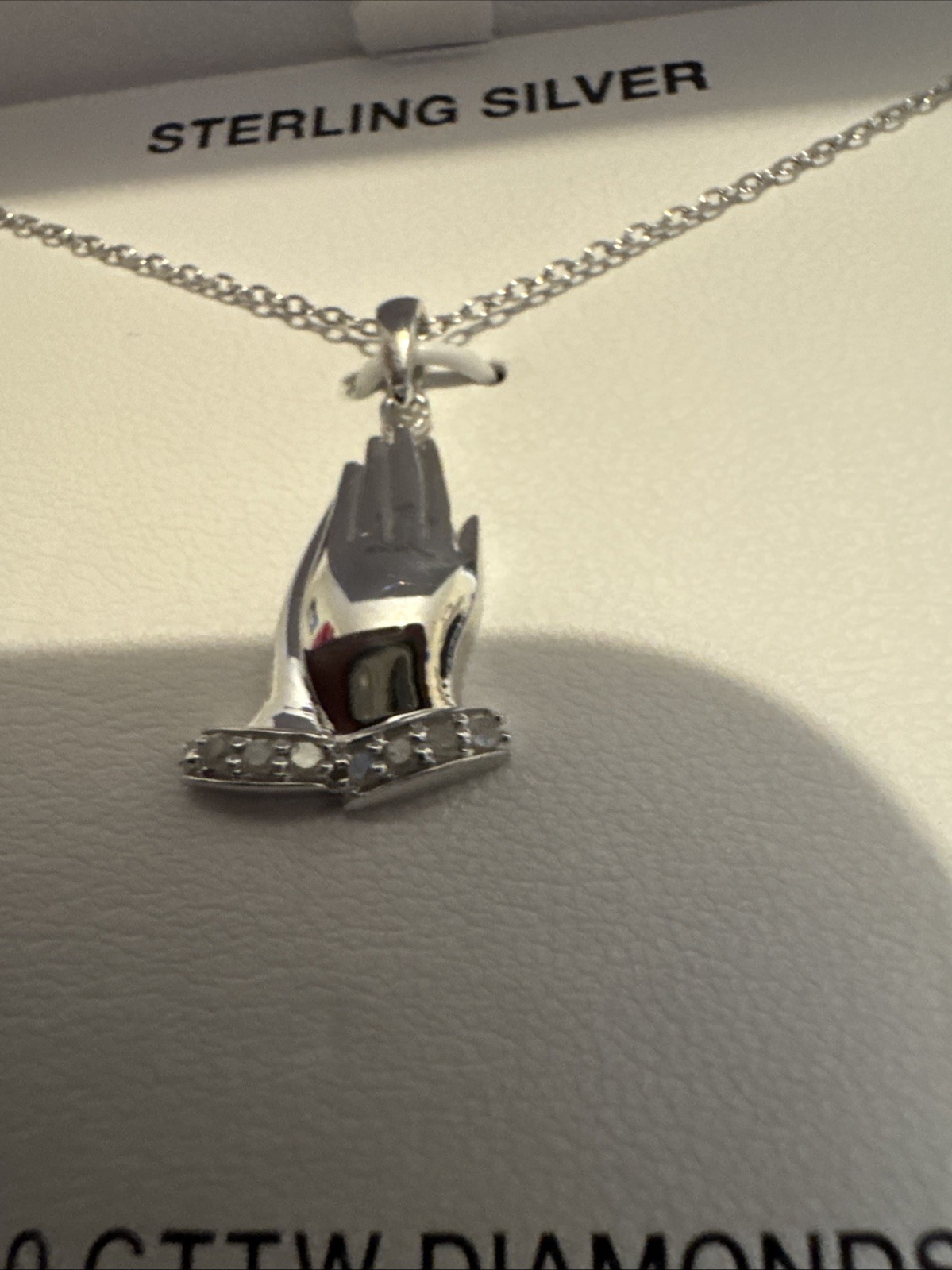 Diamond Praying Hands 18″ Pendant Necklace Sterling Silver 925