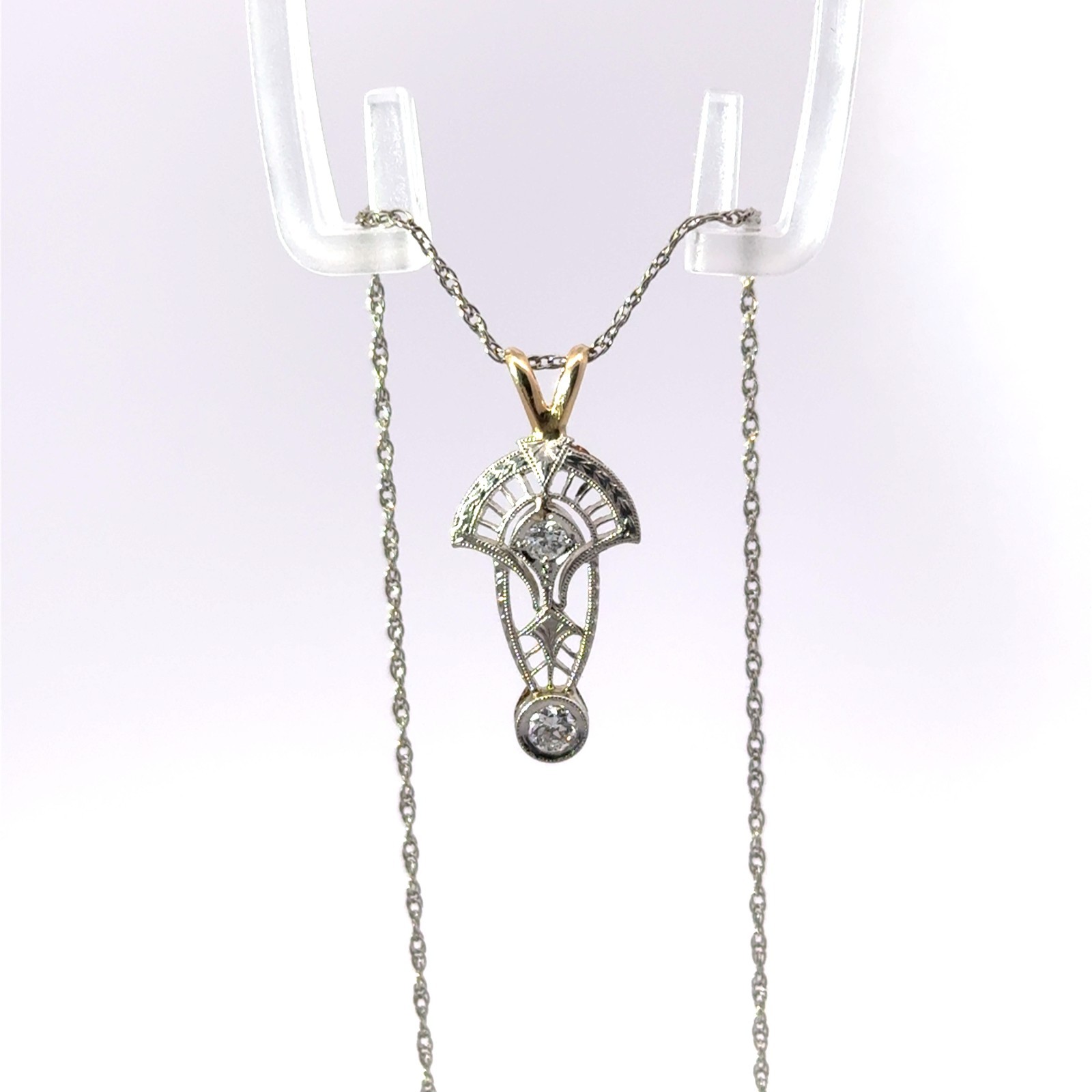 14k Yellow & White Gold Stamped & Platinum Diamond Art Deco Chain Necklace 18″