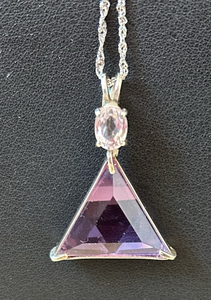 Oval Lavender Amethyst + Simulated Triangle Amethyst, Vogel Pendant, 16″ SSchain