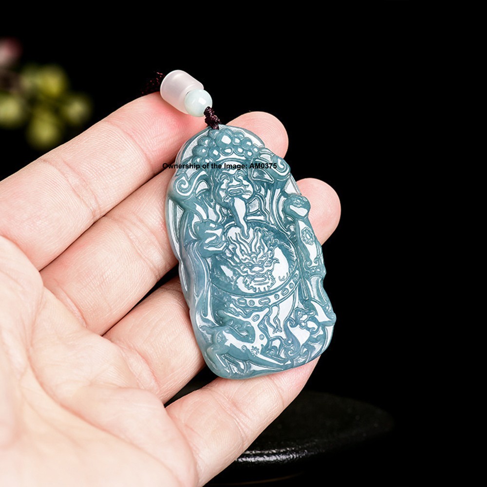 New Natural Grade A Jade Blue Jadeite Dragon Wealth-God Pendant Lucky Necklace