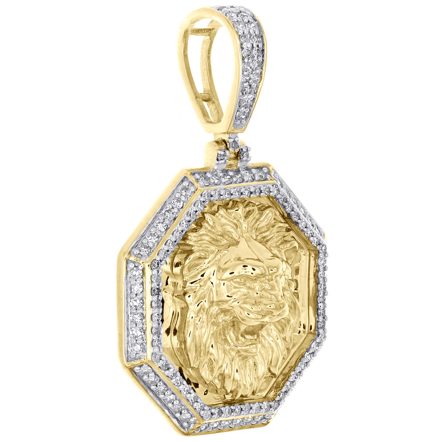 10K Yellow Gold Real Diamond Men’s Roaring Lion Octagon Medallion Pendant 1/2 CT