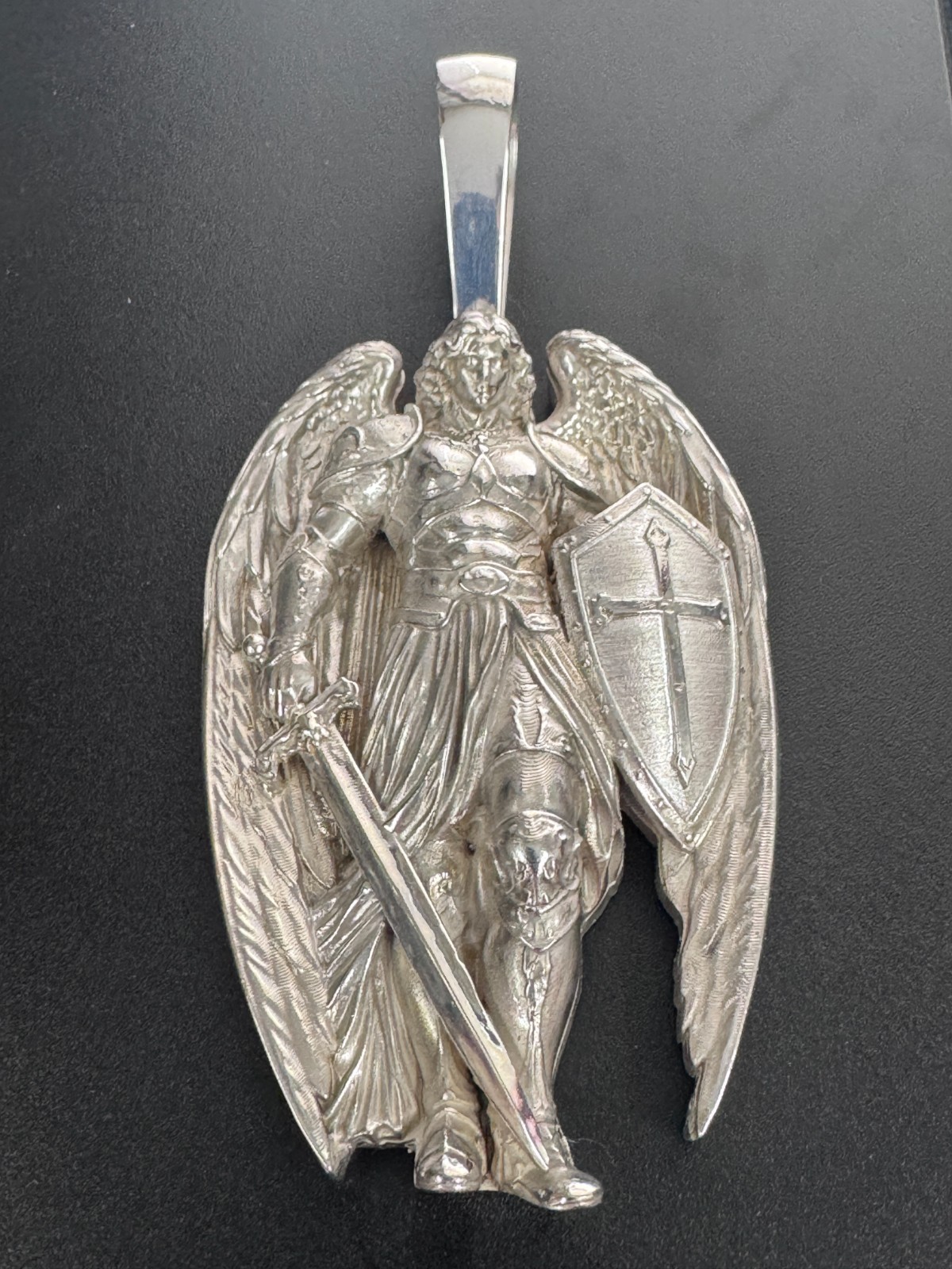 Saint Michael Warrior Angel 4″ Large Heavy Charm Pendant 108.5gm Silver .925