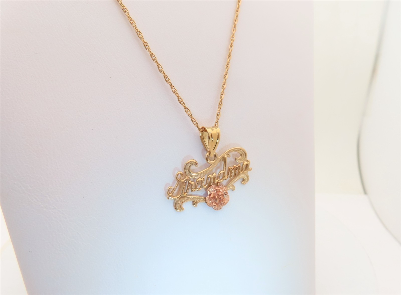 Gold Grandmother Necklace Grandma Jewelry Gift 14K Solid Gold Rose 24″ PN049