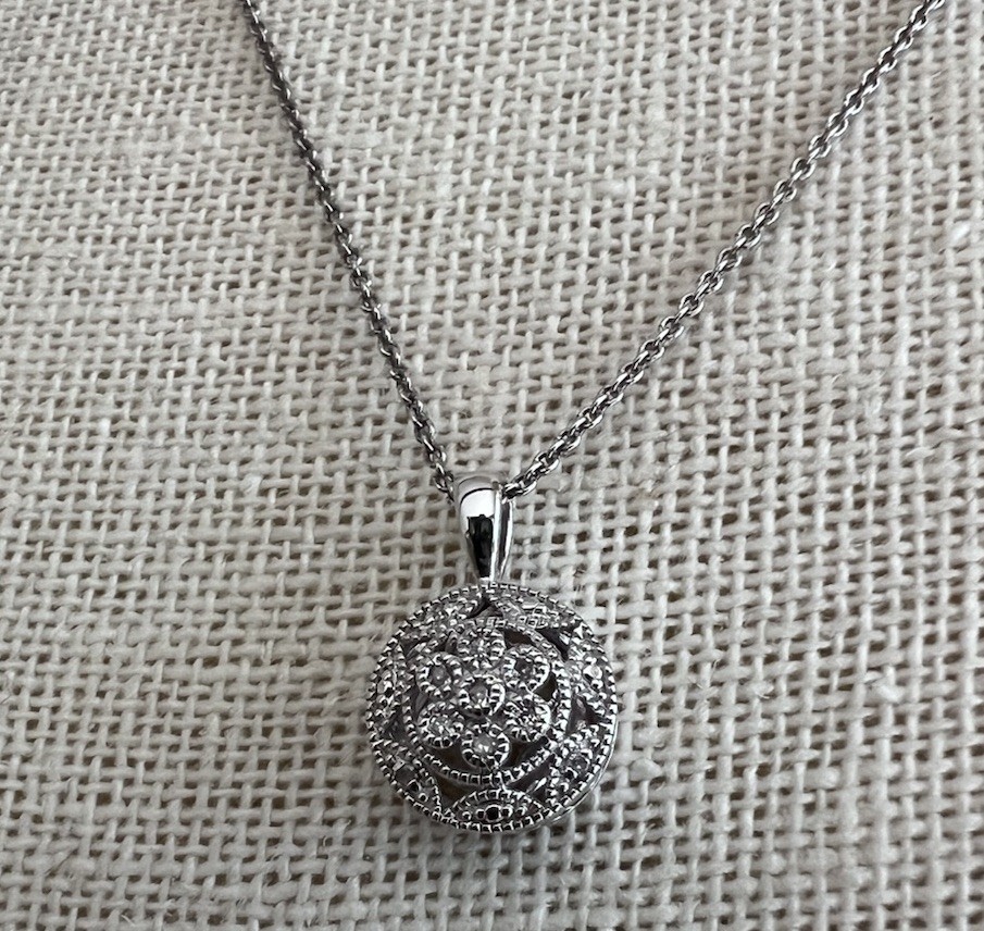 Sterling Silver Diamond Necklace Round Pendant .925 Flower Filigree $200 Retail